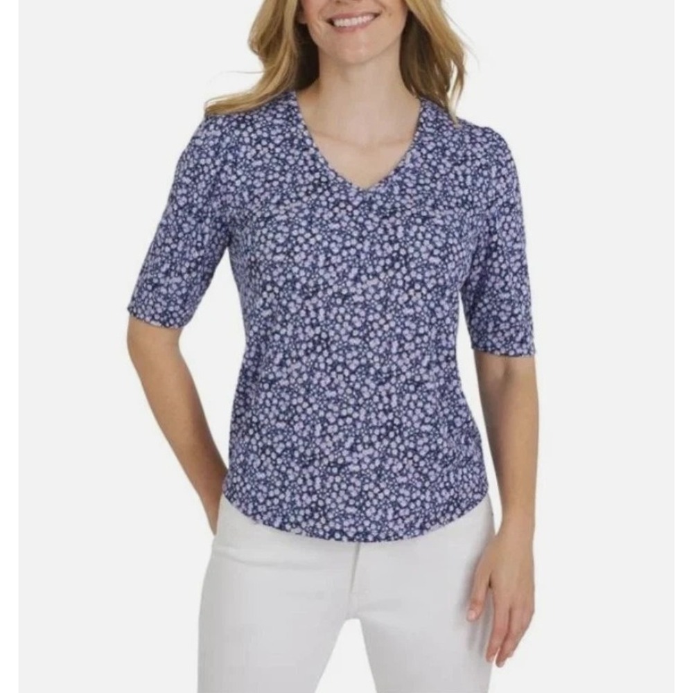Lands' End Pointelle V-Neck With Elbow Sleeves, Blue / Purple, Size: Small, New